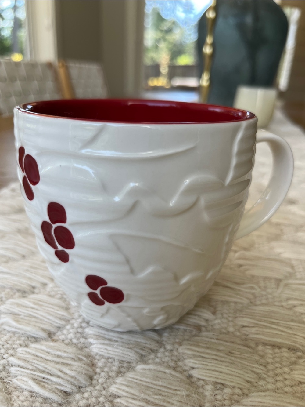 EUC Starbucks White and Red Holly Mug with Red Interior and Accents